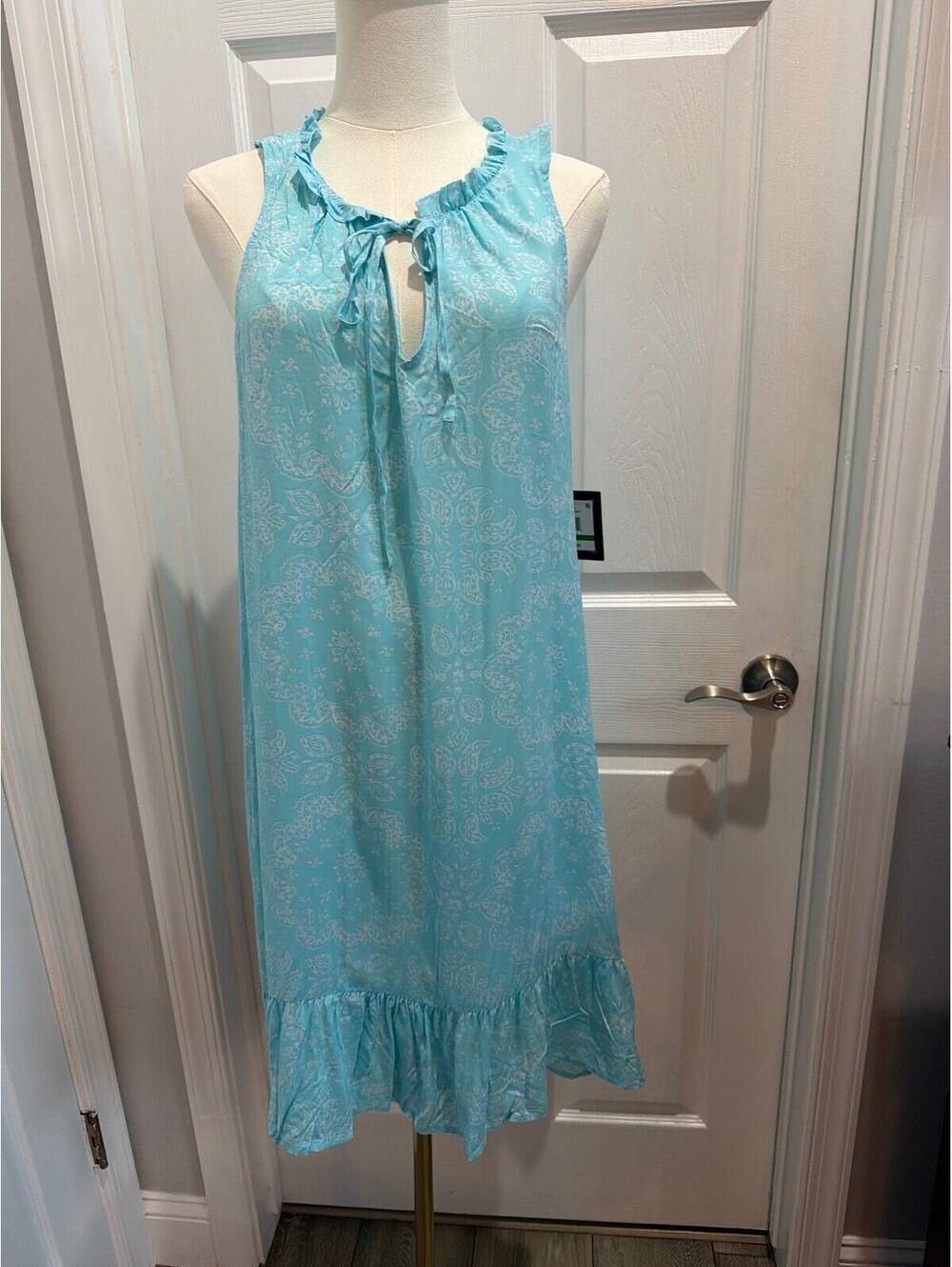 Ellen Tracy Aqua Printed Sleeveless Midi Dress with Ruffle Hem